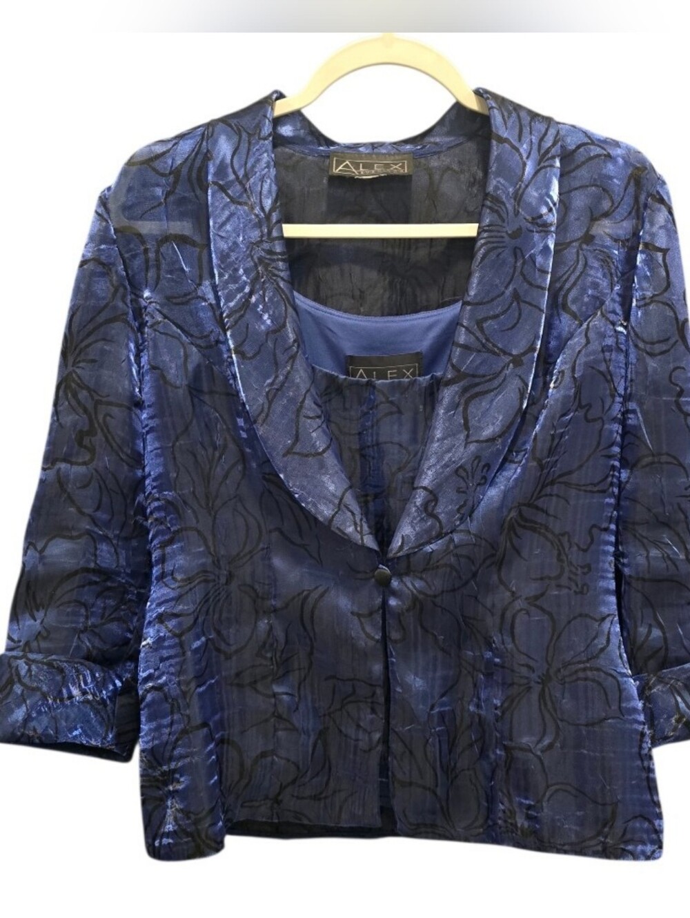 Alex Evenings 2 Piece Blue Floral Jacket Shell Set Medium Sheer Shimmer Elegant